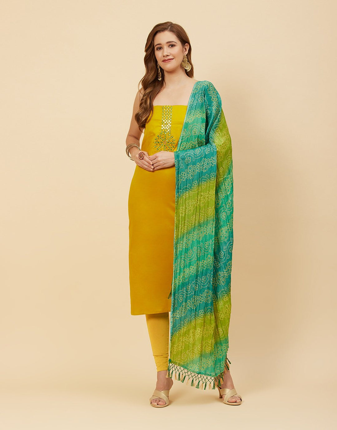Embroidered Cotton Suit Piece With Leheriya Dupatta