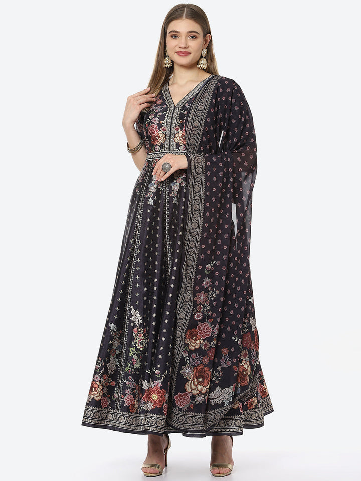 Digital Floral Printed Anarkali Kurta With Churidar &amp; Georgette Dupatta
