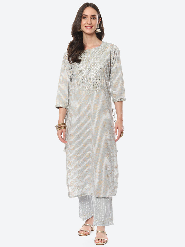 Resham Mirror Printed Cotton Kurta With Pant