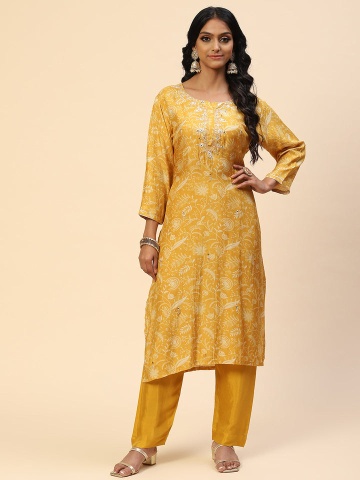 Neck Embroidered Printed Cotton Kurta With Pants