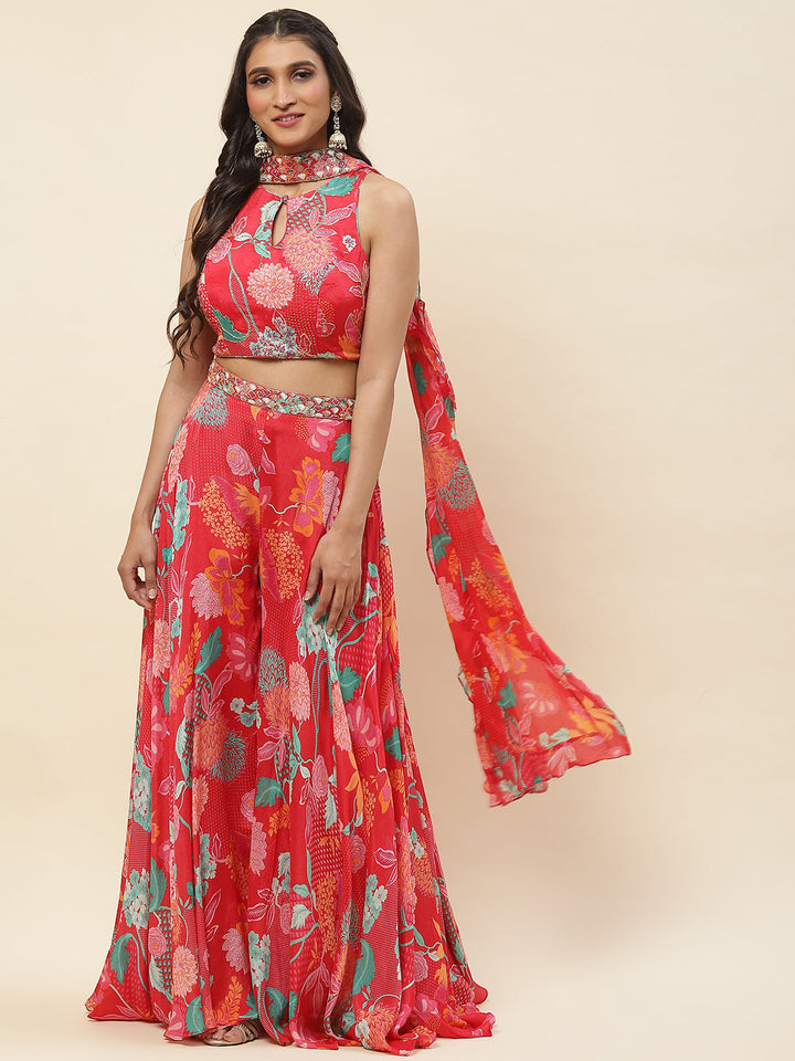 Floral Printed Crepe Crop Top With Palazzo &amp; Dupatta
