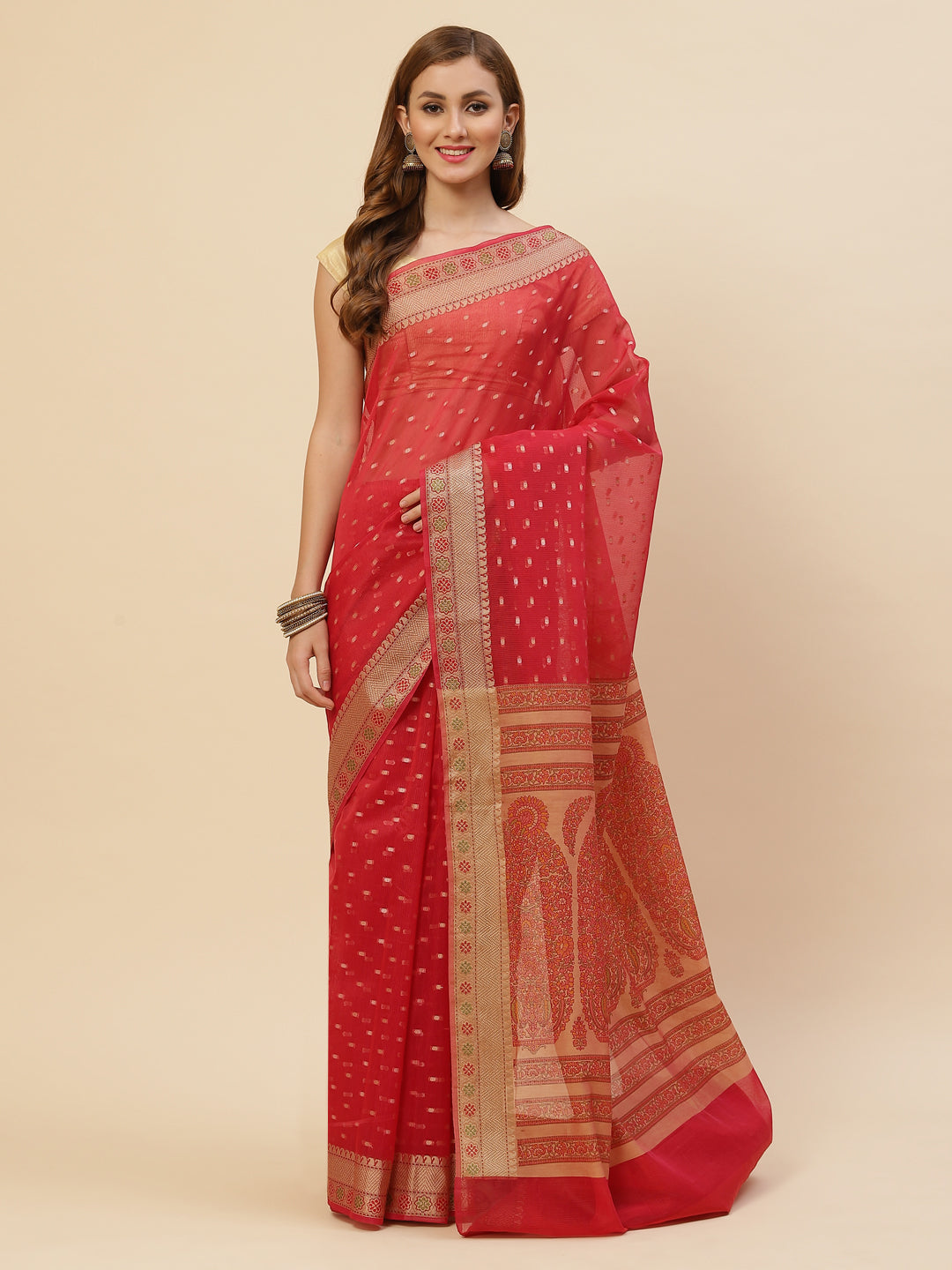 Zari Border Booti Printed Cotton Saree