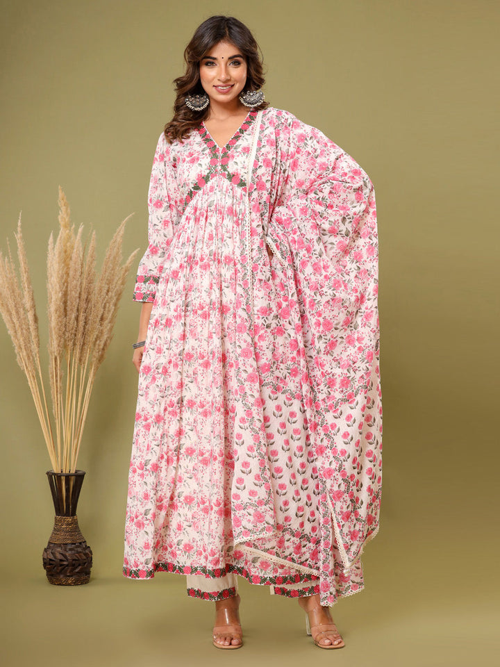 Floral Printed Cotton Kurta With Pants &amp; Dupatta