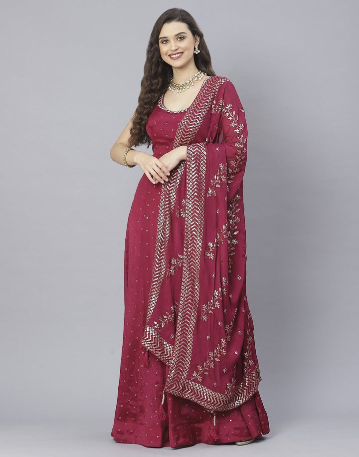 Wine and Bottle Green Art Crepe Salwar Kameez
