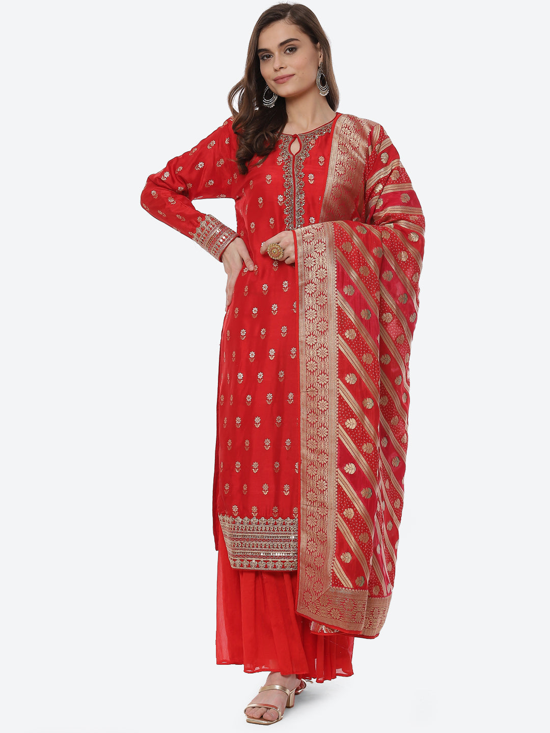 Zari Booti Neck Zari Embroidered Handloom Kurta With Garara &amp; Dupatta