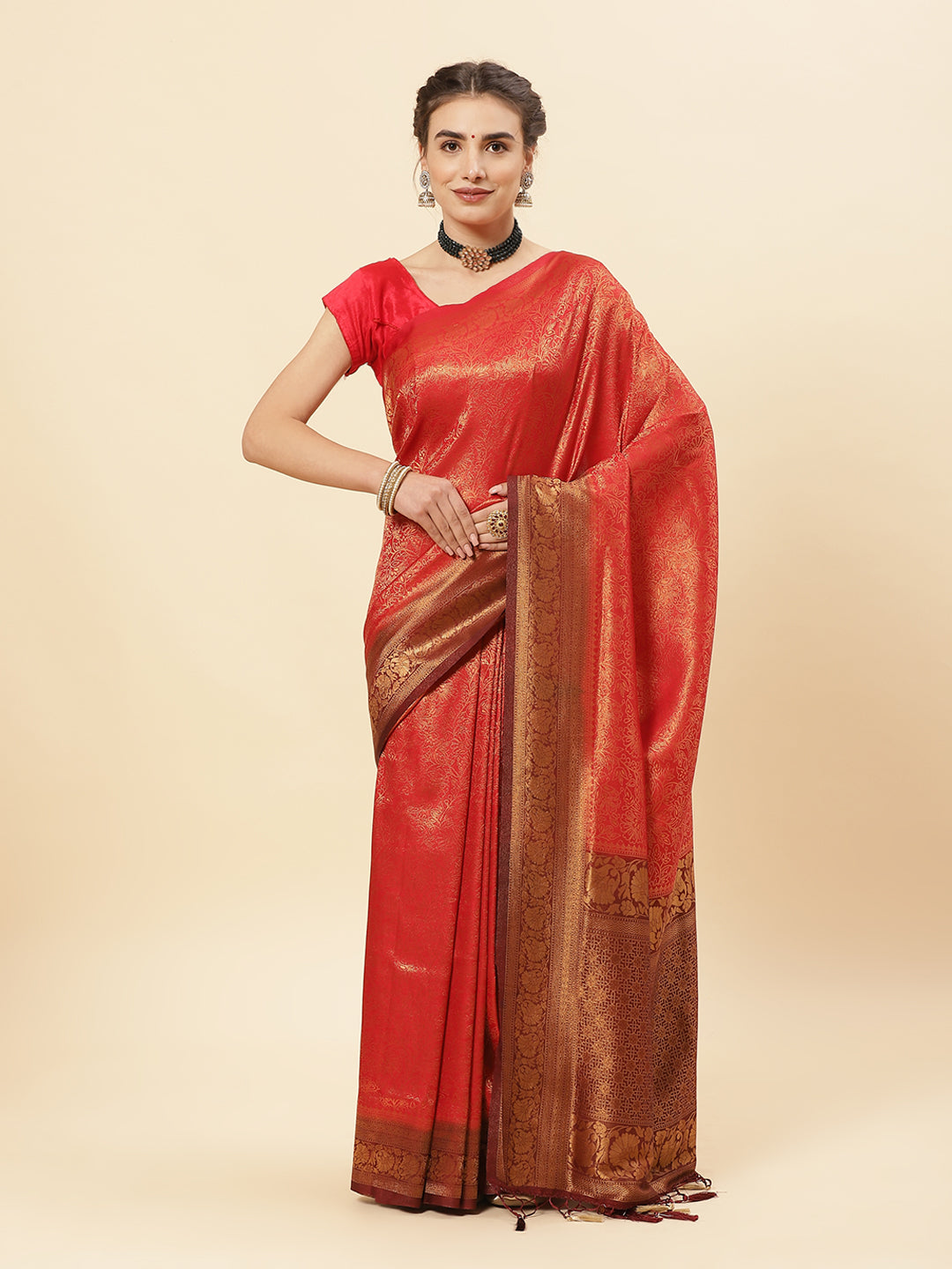 Brocade Zari Jaal Art Handloom Saree With Contrast Border