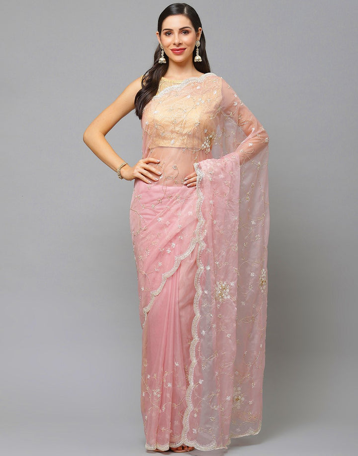 Embroidery Aqua Green and Pink Saree