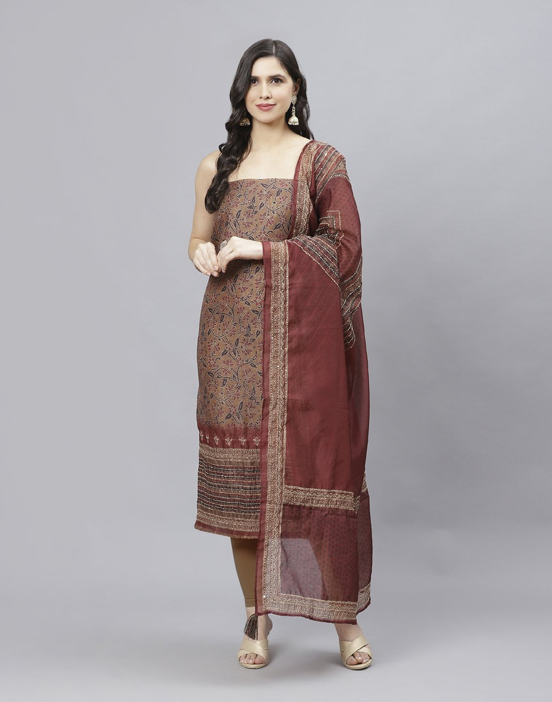 Printed Chanderi Suit Piece With Embroidered Chanderi Dupatta