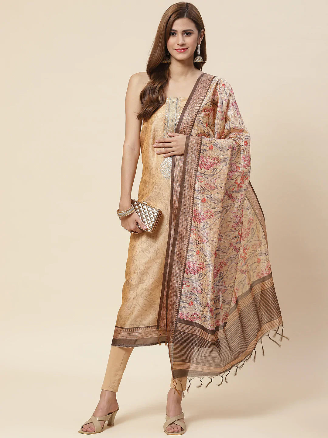 Neck Embroidered &amp; Printed Chanderi Unstitched Suit Piece With Dupatta