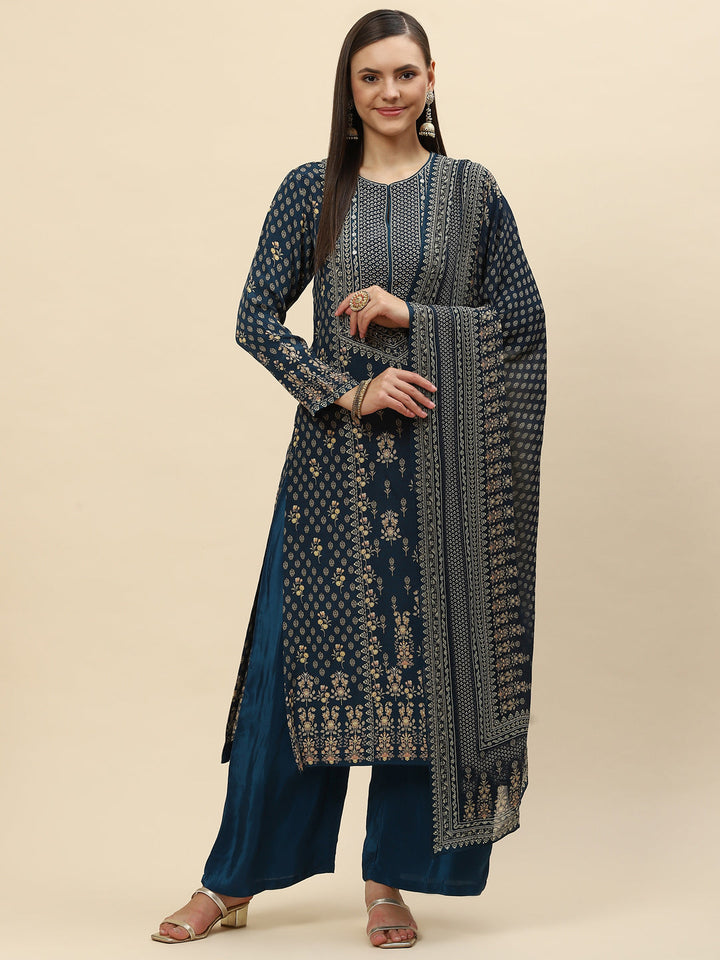Floral Digital Printed Crepe Kurta With Palazzo &amp; Net Dupatta