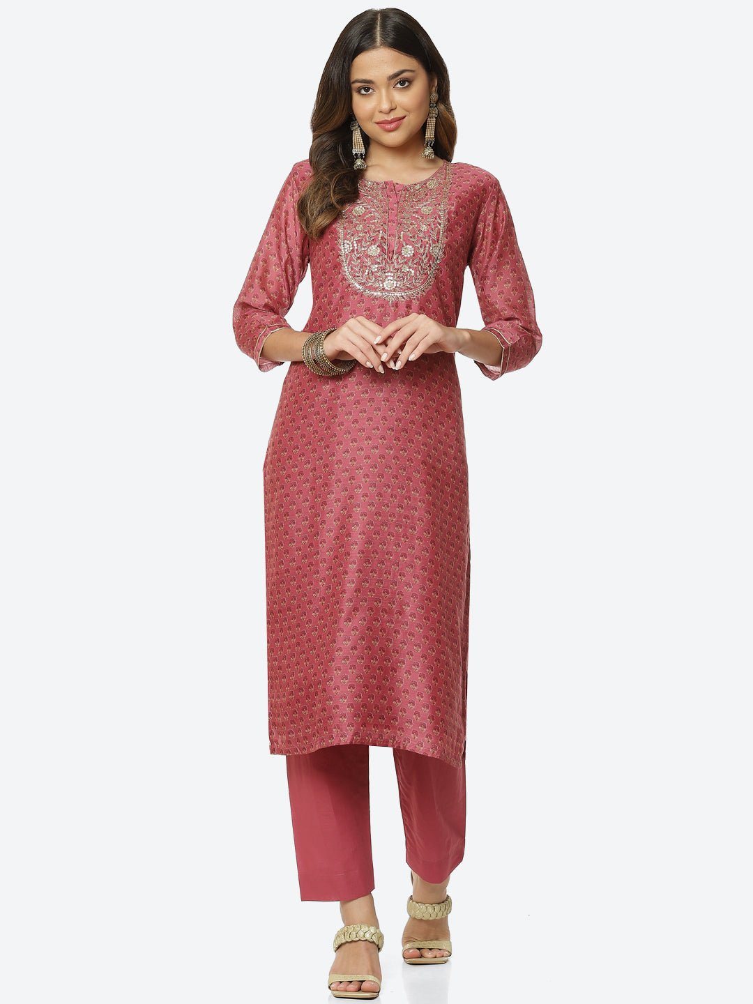Zari Embroidered Printed Chanderi Kurta With Pant