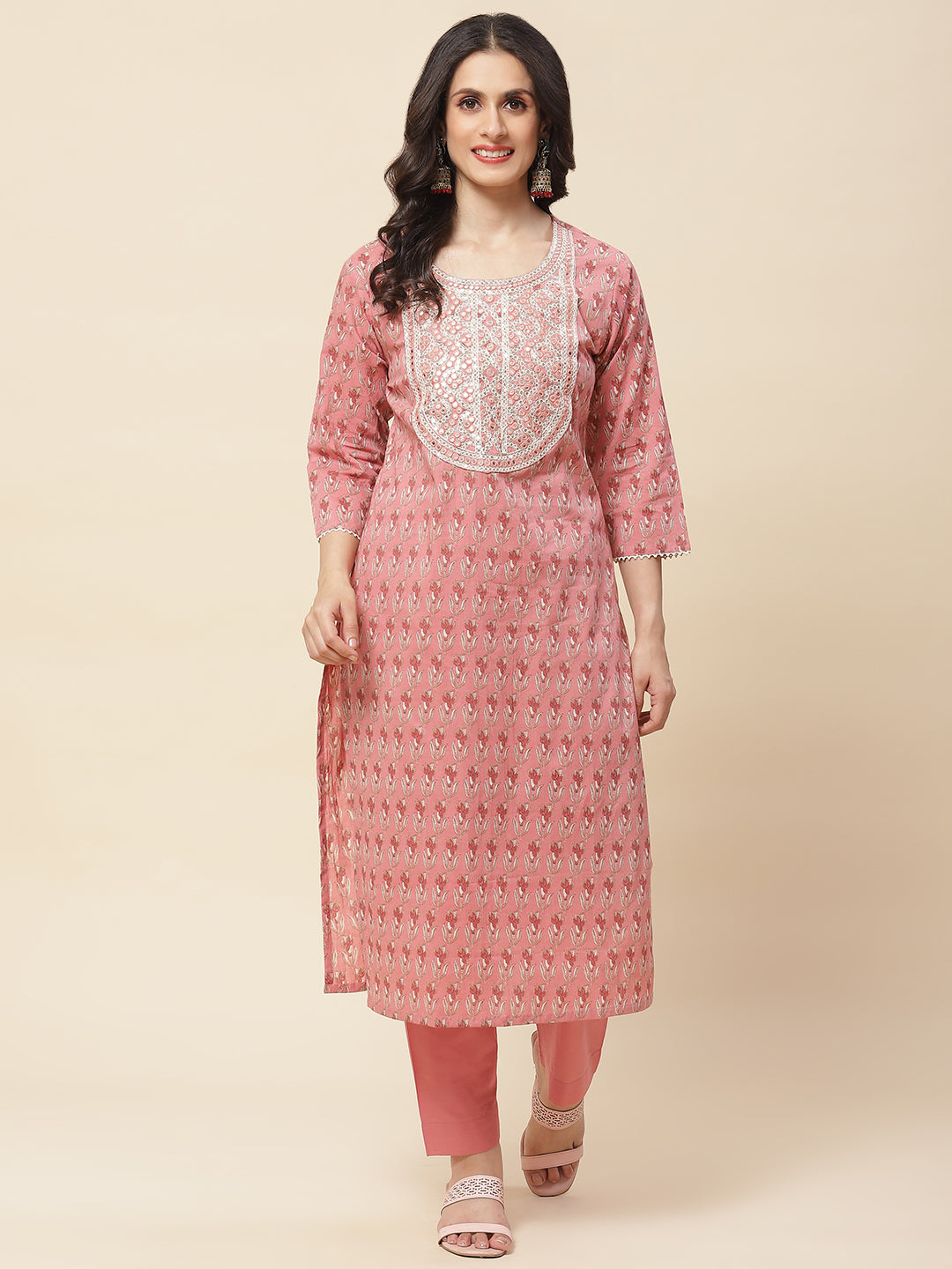 Printed  &amp; Neck Embroidered Cotton Kurta With Pants