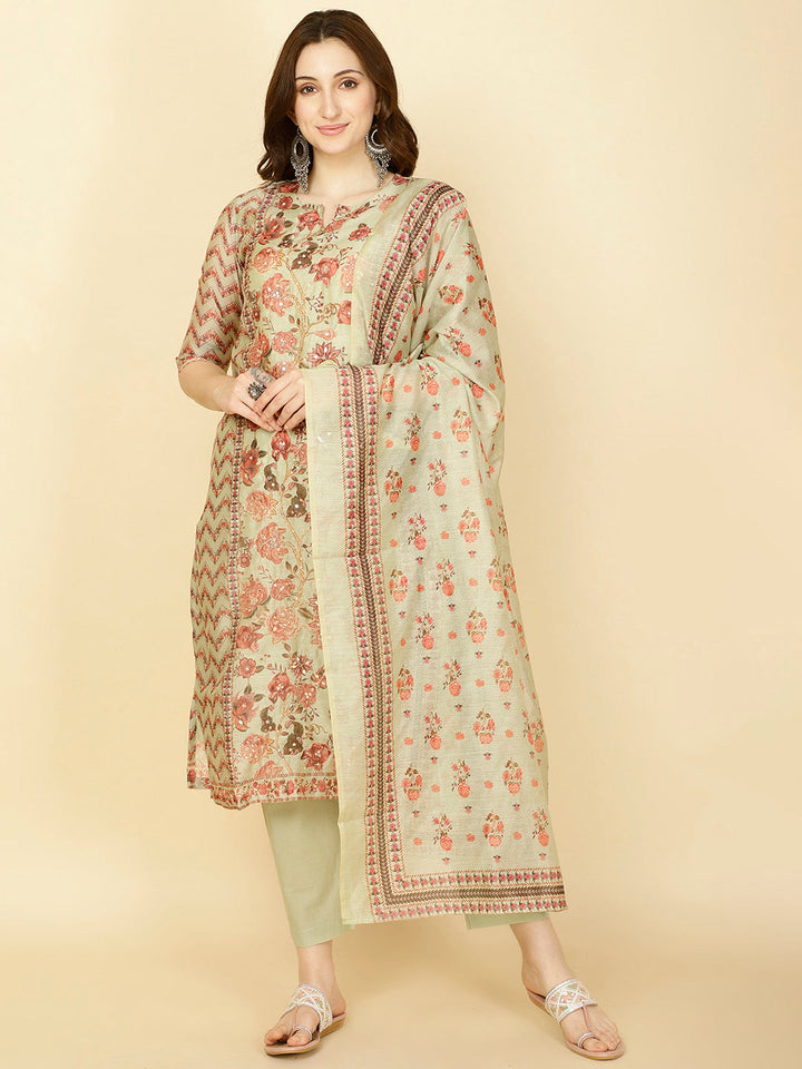 Floral Printed Chanderi Kurta With Pants &amp; Dupatta