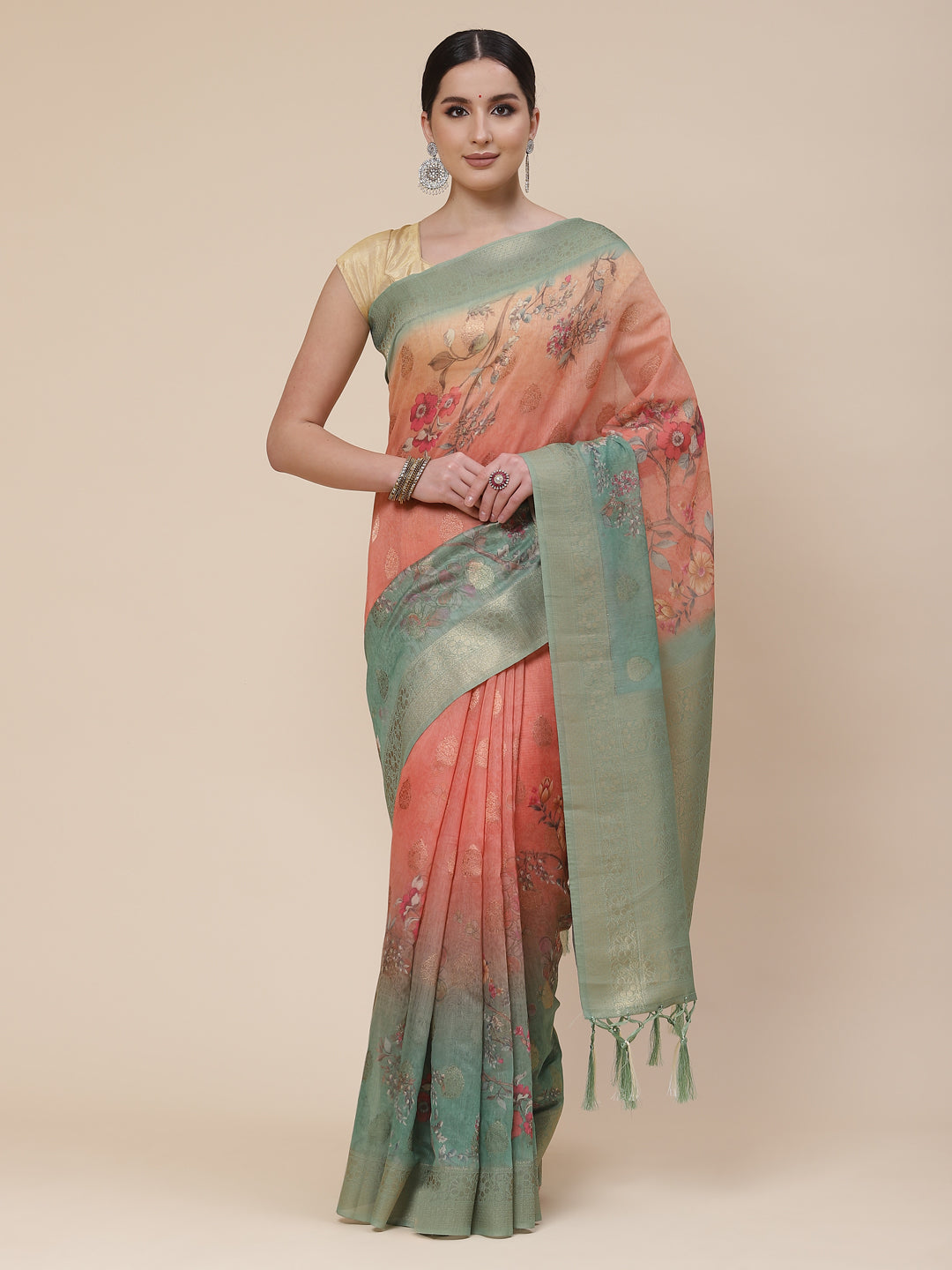 Floral Digital Printed Banarasi Jaal Cotton Saree