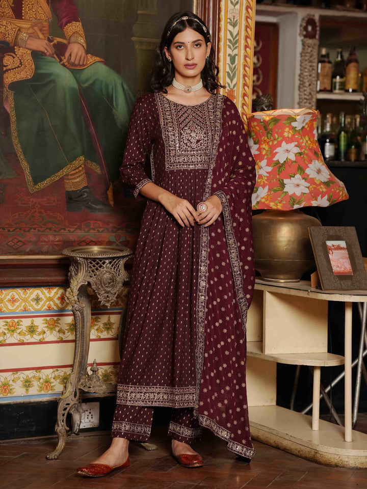 Neck Embroidered Cotton Kurta With Palazzo &amp; Dupatta