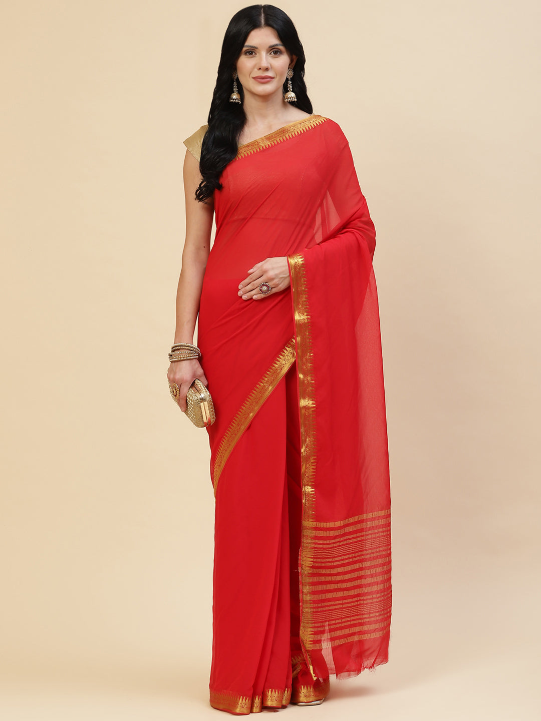 Plain Zari Border Chiffon Saree