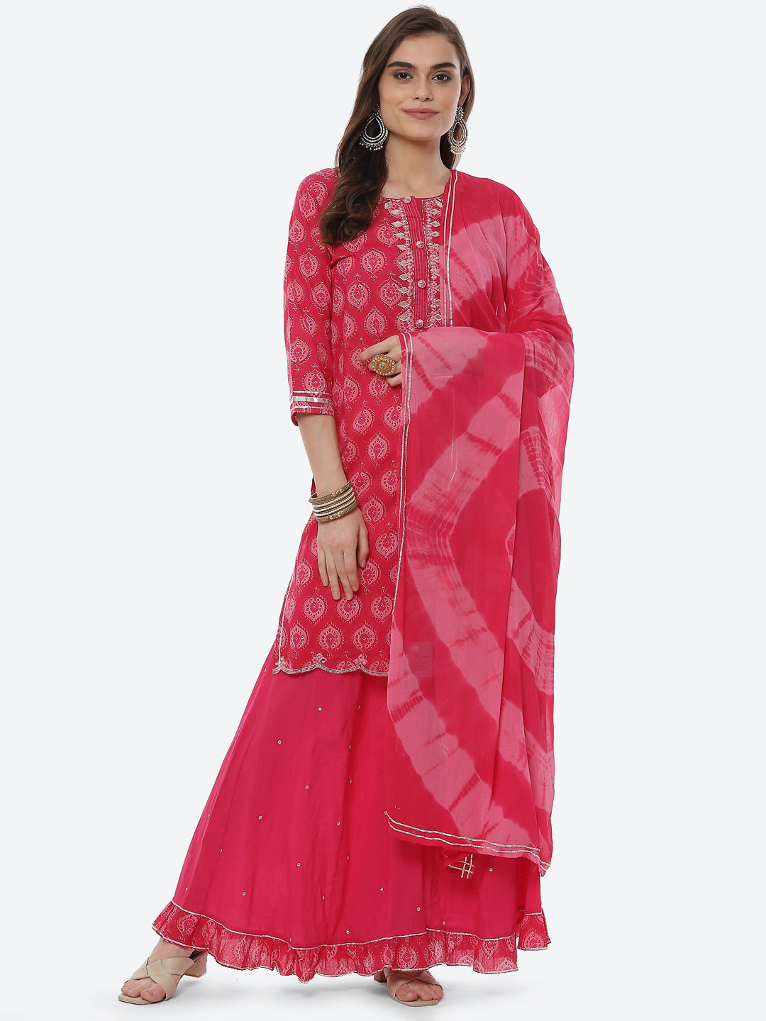 Printed Cotton Kurta With Garara &amp; Chiffon Dupatta