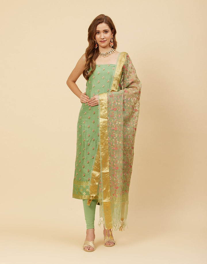 Embroidered Art Handloom Dupion Suit Piece With Organza Dupatta