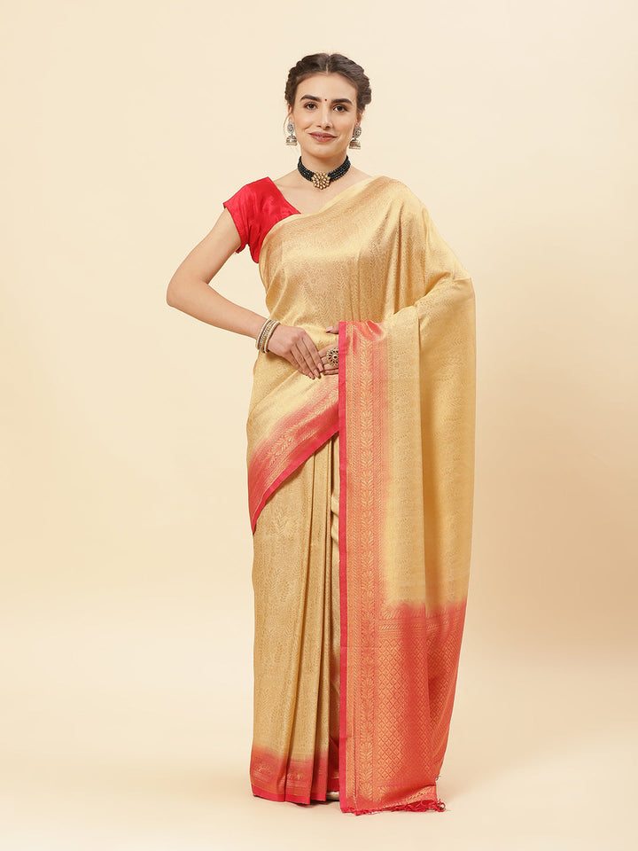 Brocade Zari Jaal Art Handloom Saree  with Contrast Blouse