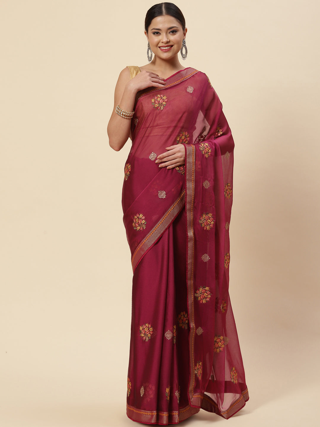 Resham Booti Chiffon Printed Saree