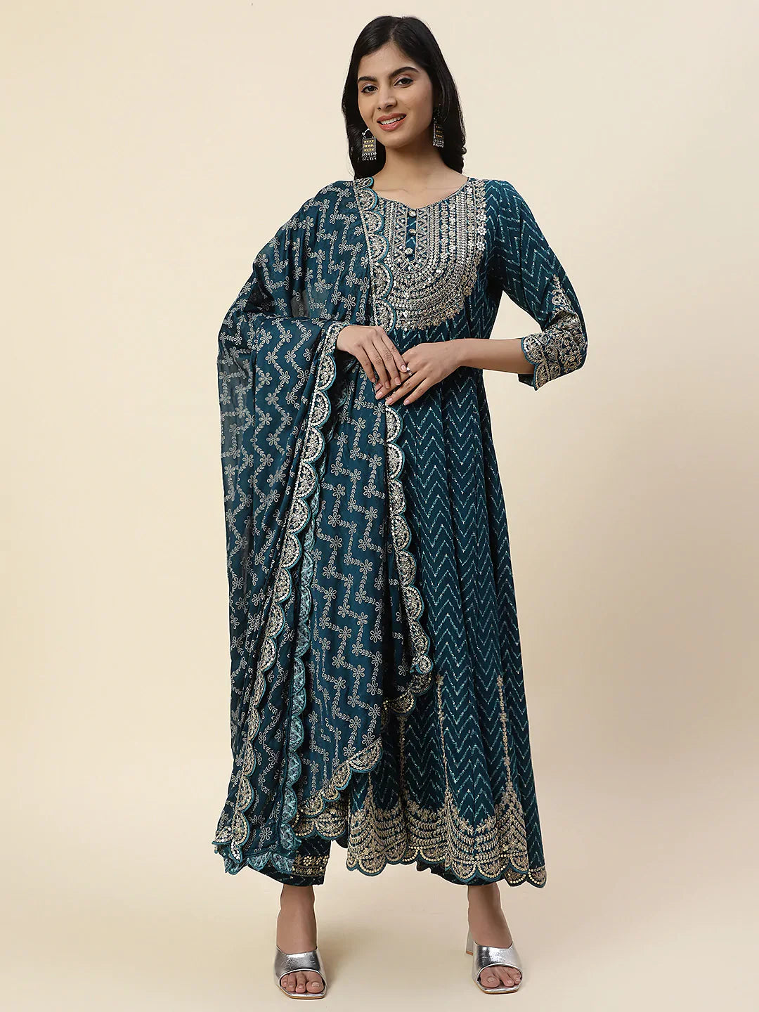 Neck Embroidered Cotton Kurta With Pants &amp; Dupatta