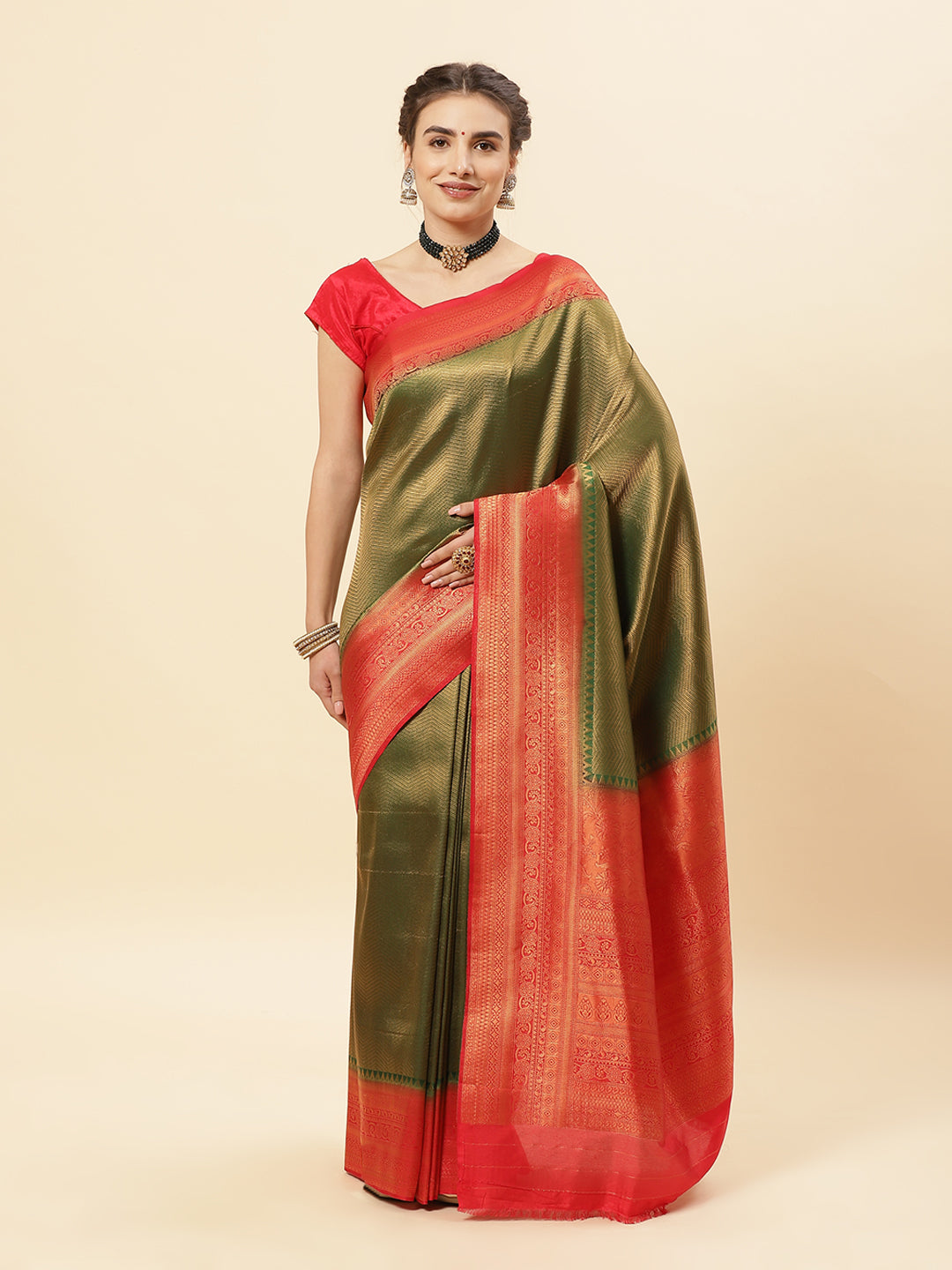 Brocade Zari Jaal  Art Handloom Saree With Contrast Blouse