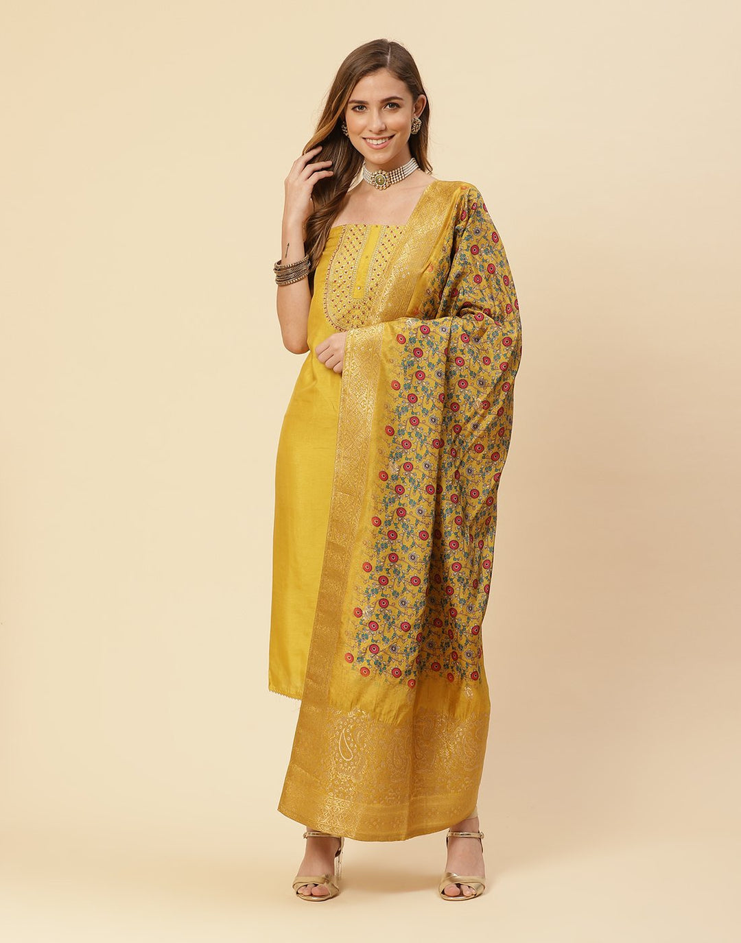 Embroidered Art Handloom Dupion Suit Piece With Banarasi Dupatta