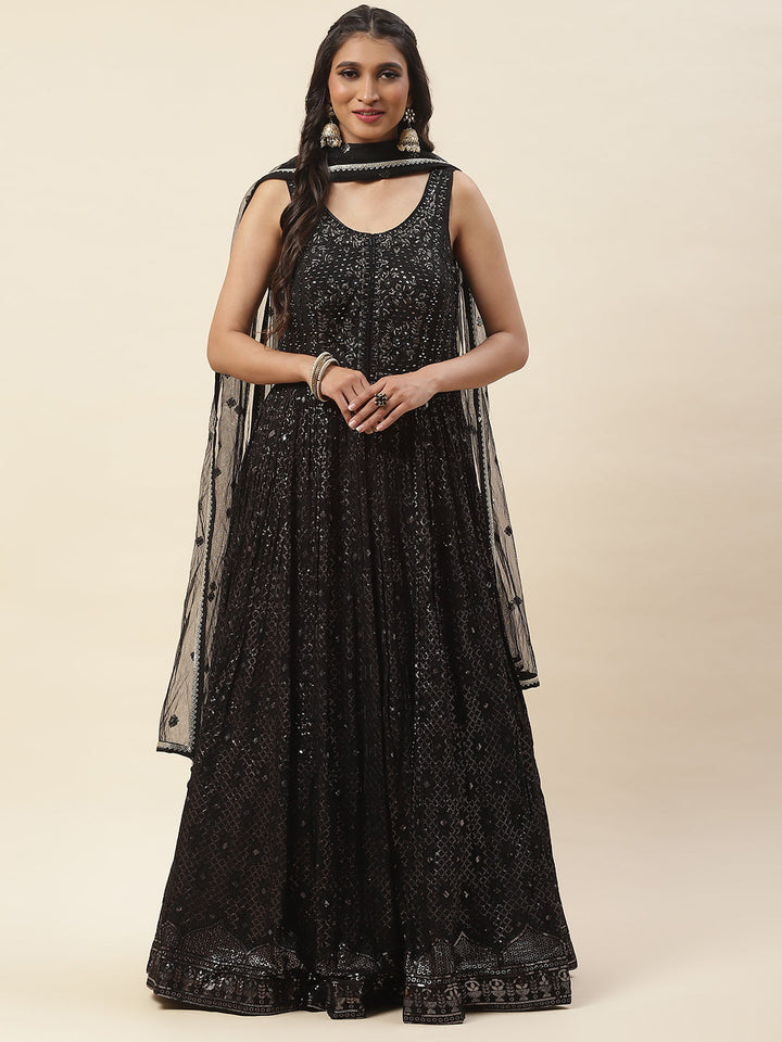 Sequence Embroidered Georgette Anarkali Kurta With Pants &amp; Dupatta