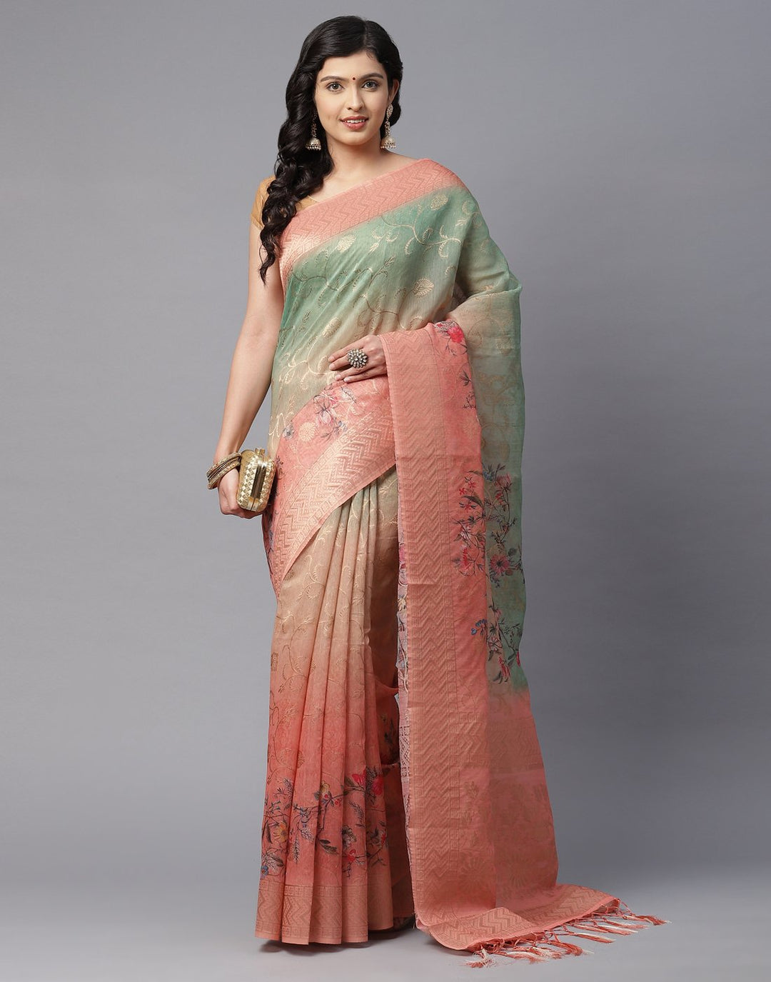 Floral Printed Cotton Linen Saree