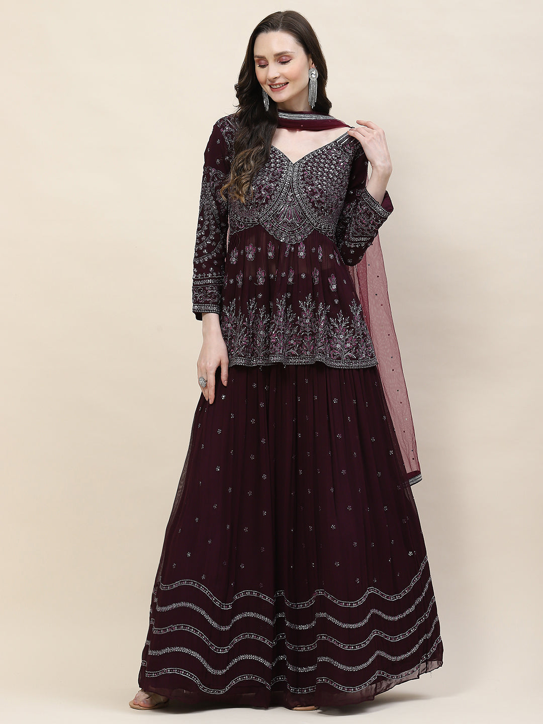 Sequin Zari Embroidered Georgette Choli With Lehenga &amp; Dupatta