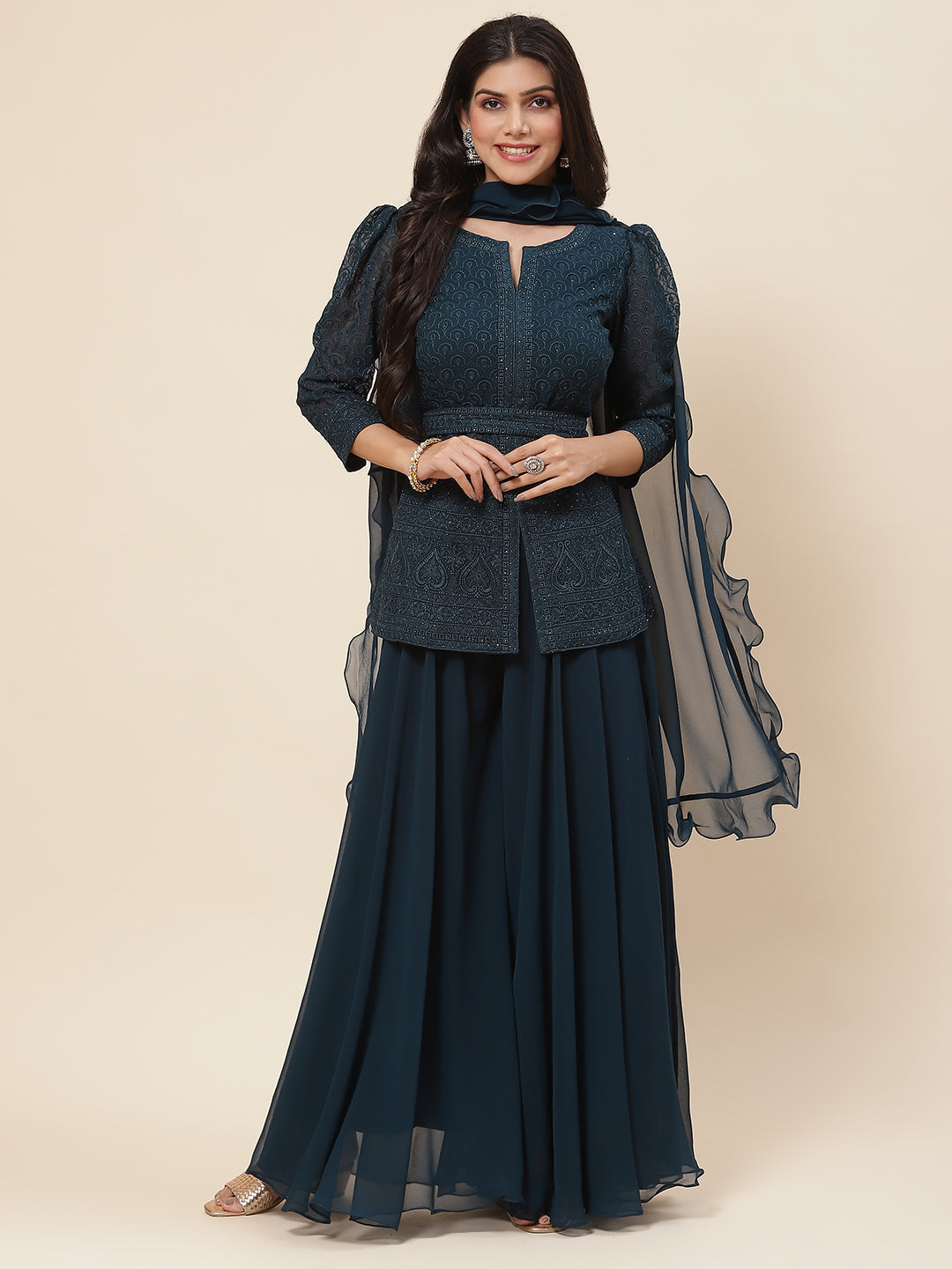 Resham Embroidered Georgette Kurti With Palazzo &amp; Dupatta