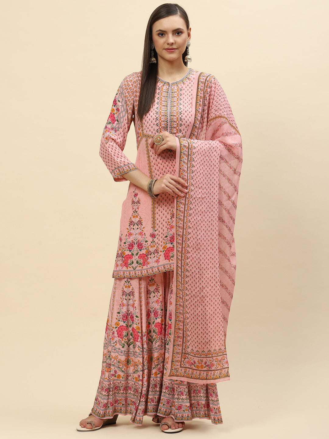 Floral Digital Printed Crepe Kurta With Sharara &amp; Net Dupatta