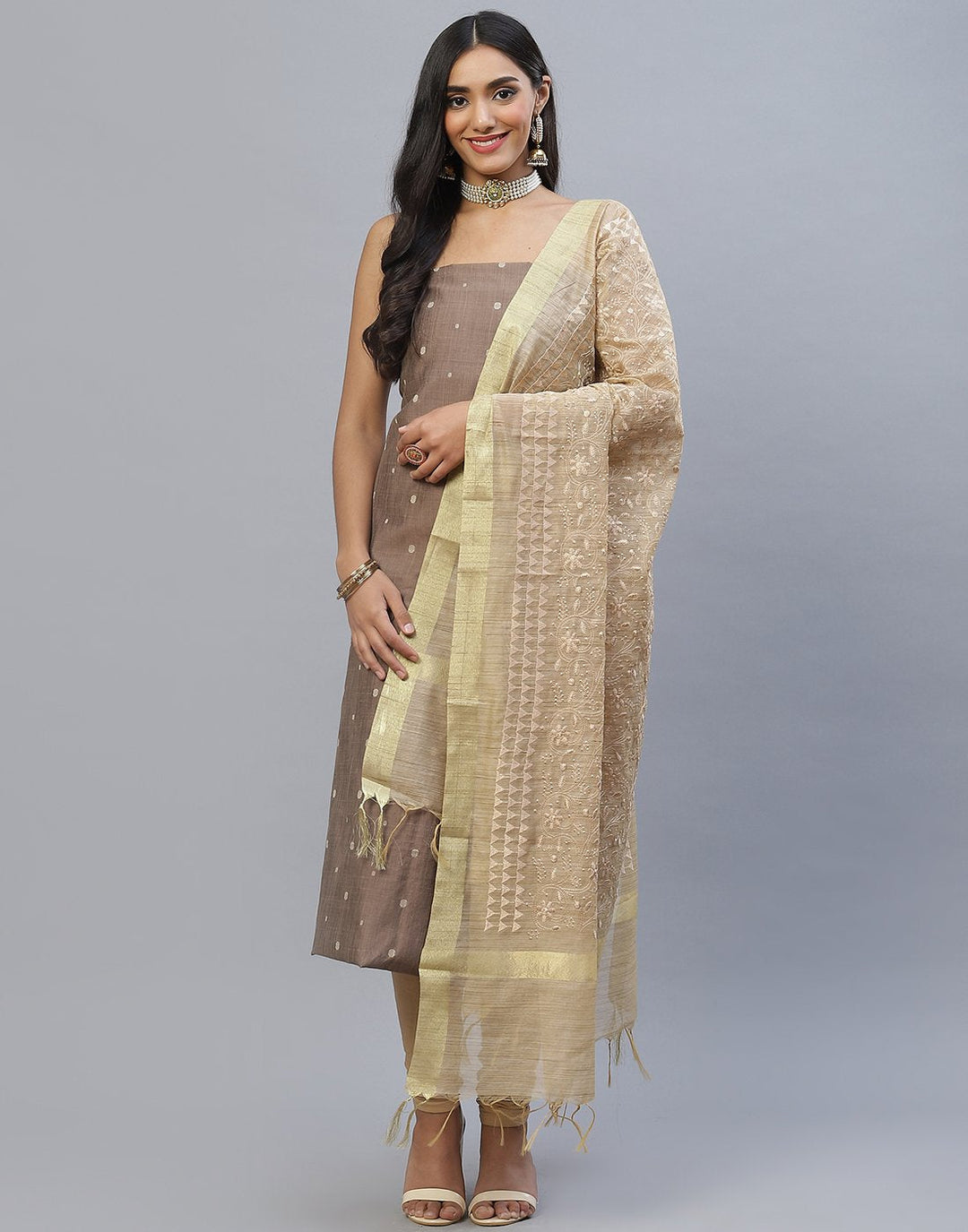 Chanderi Embroidered Suit Piece with fancy dupatta