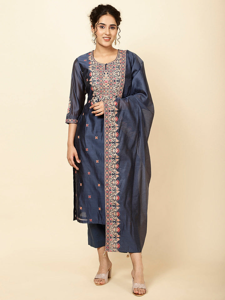 Neck Embroidered Chanderi Kurta With Pants &amp; Dupatta