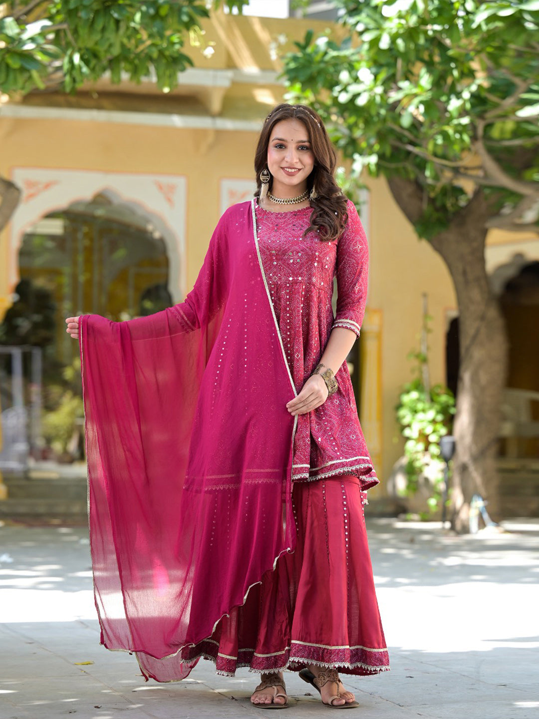 Bandhej Printed Cotton Kurta With Garara &amp; Dupatta