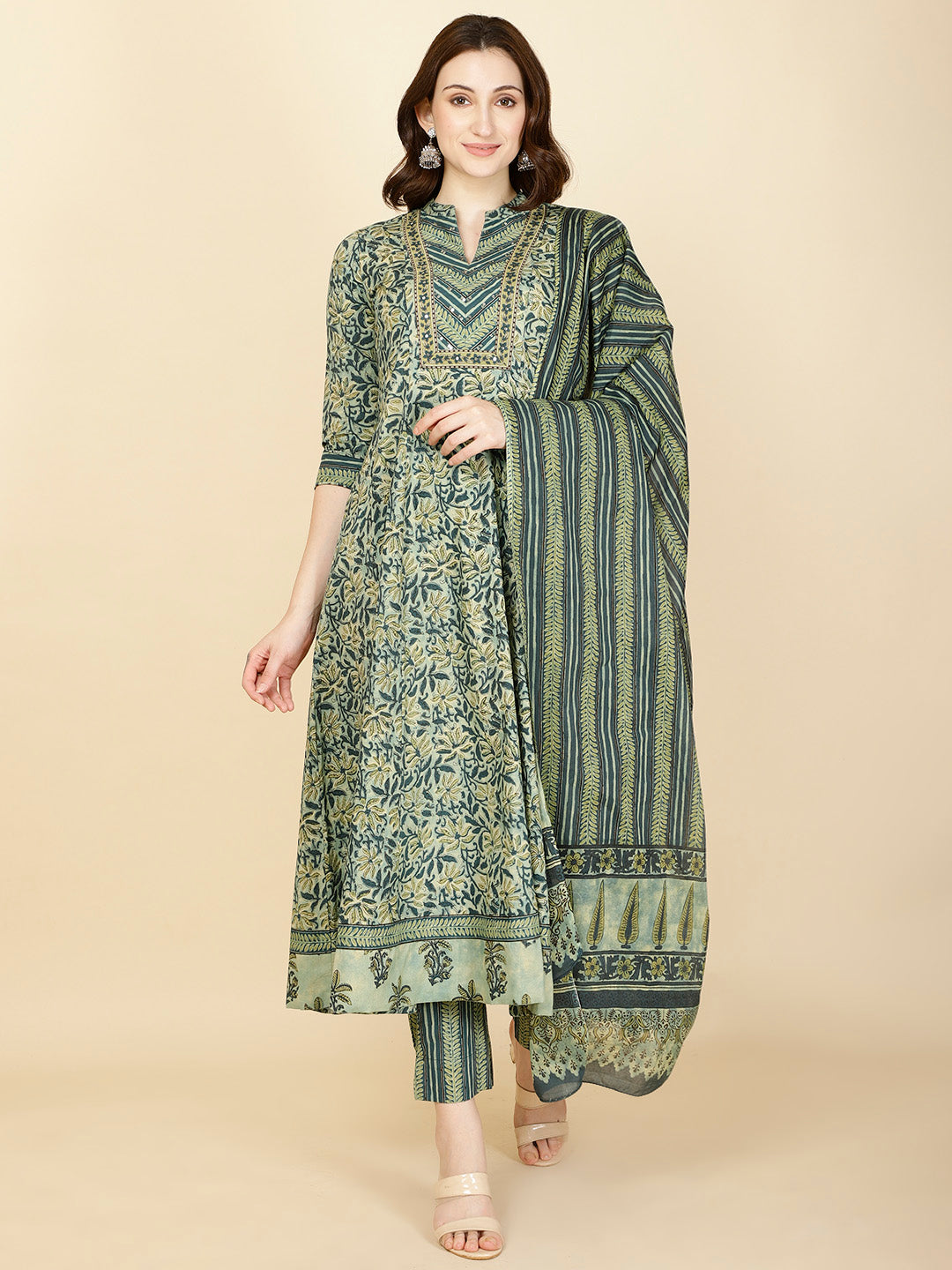 Floral Printed Cotton Anarkali Kurta With Pants &amp; Dupatta