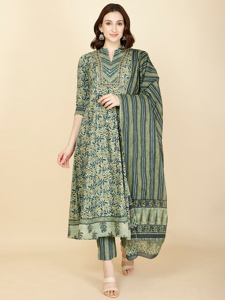Floral Printed Cotton Anarkali Kurta With Pants &amp; Dupatta