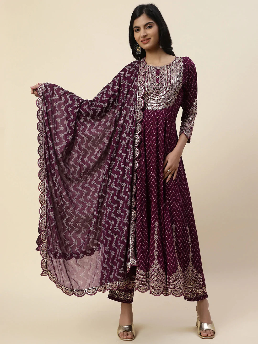 Neck Embroidered Cotton Kurta With Pants &amp; Dupatta