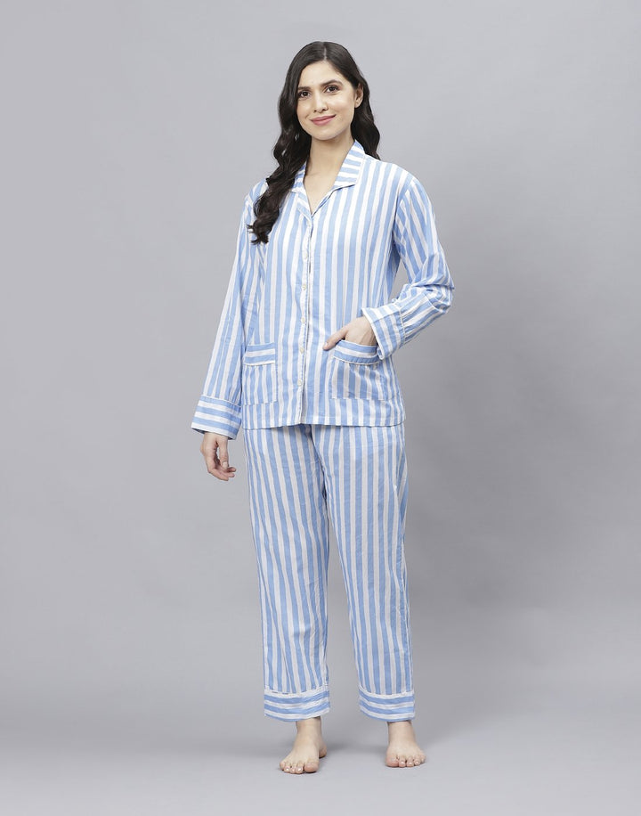 White Blue Cotton Strip Comfort Wear