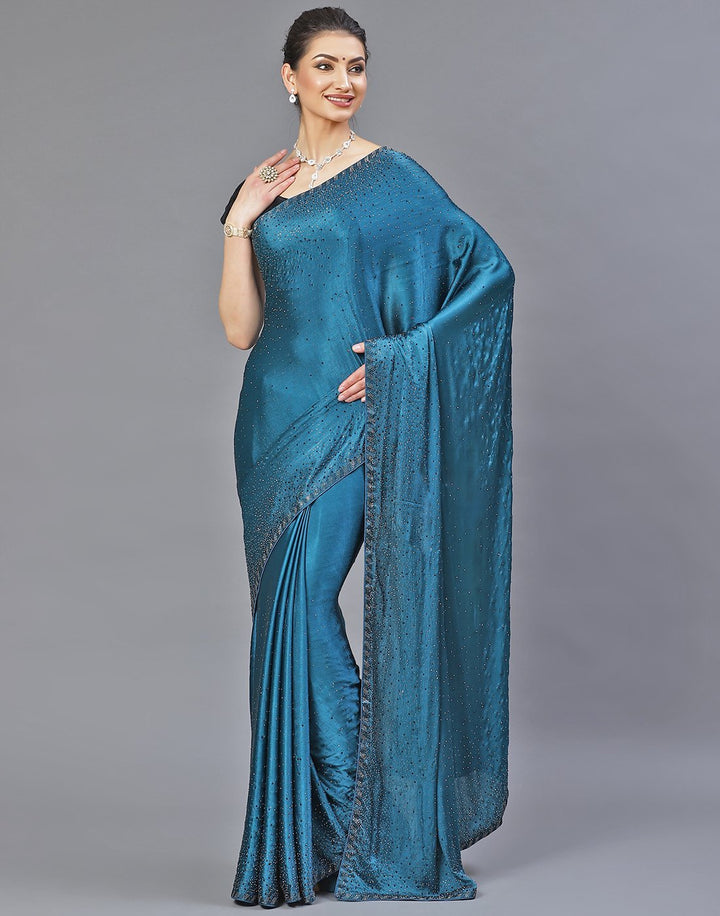 Crepe Embroidery Teal Blue Saree