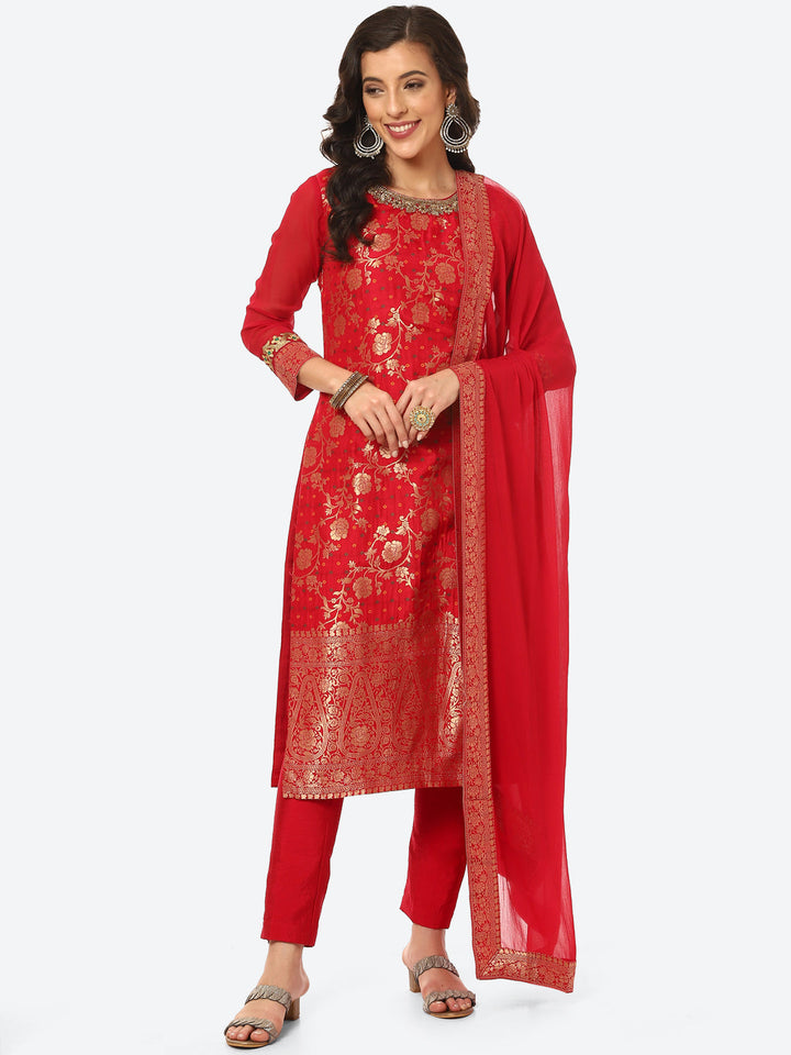 Floral Zari Zaal Banarsi Brocade Kurta With Pant &amp; Dupatta