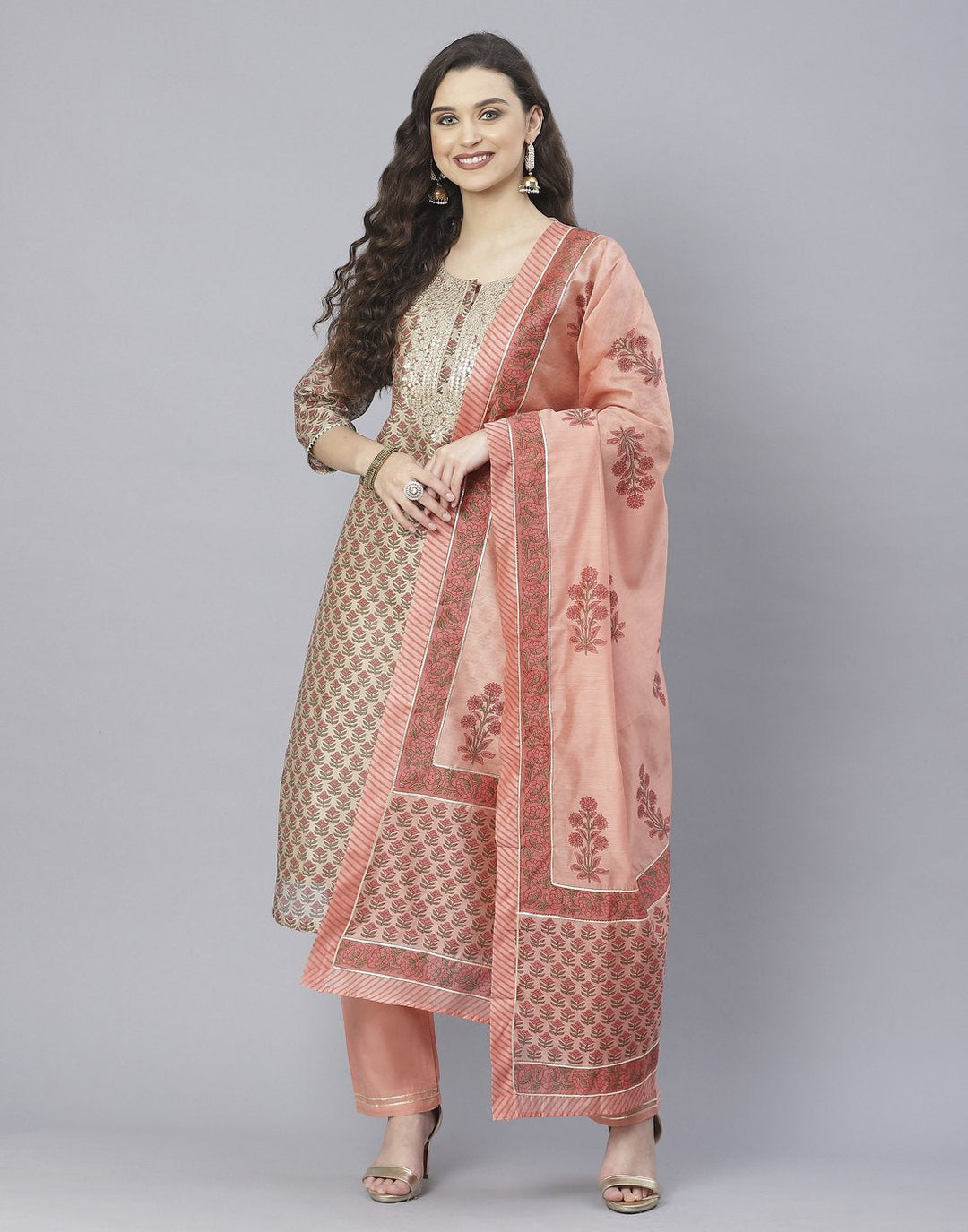 Peach and Firozee Cotton Chanderi Salwar Kameez