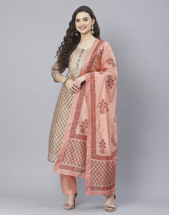 Peach and Firozee Cotton Chanderi Salwar Kameez