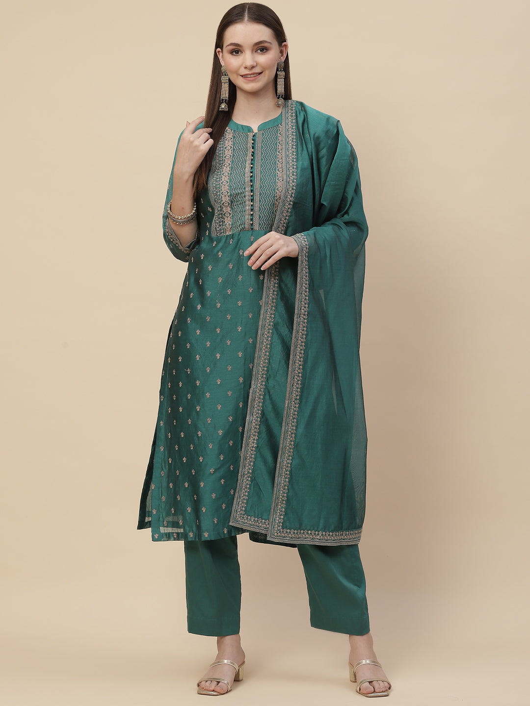 Resham Booti Cotton Kurta With Pants &amp; Dupatta