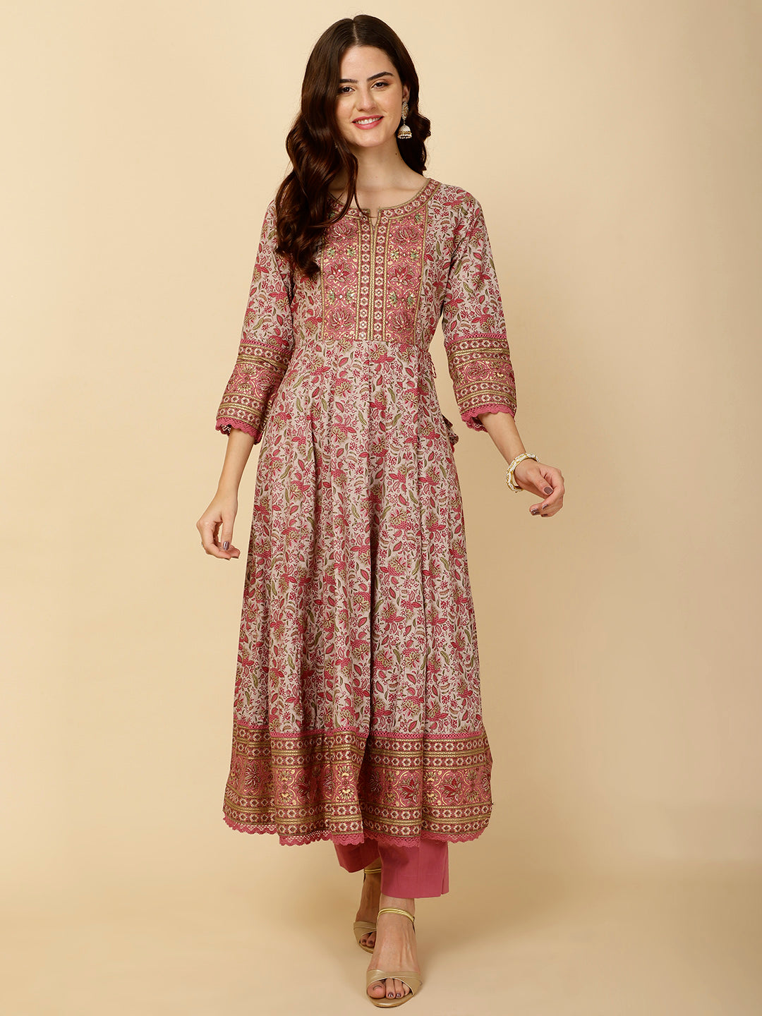Floral Block Printed Anarkali Kurta With Pants &amp; Dupatta