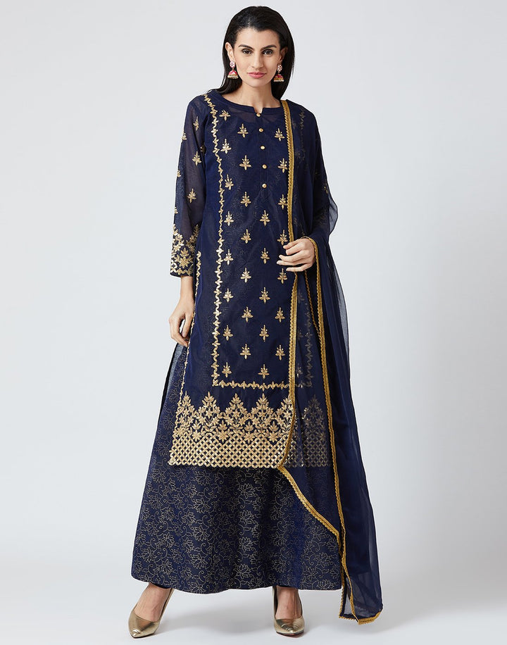 Navy Blue Cotton Chanderi Salwar Kameez