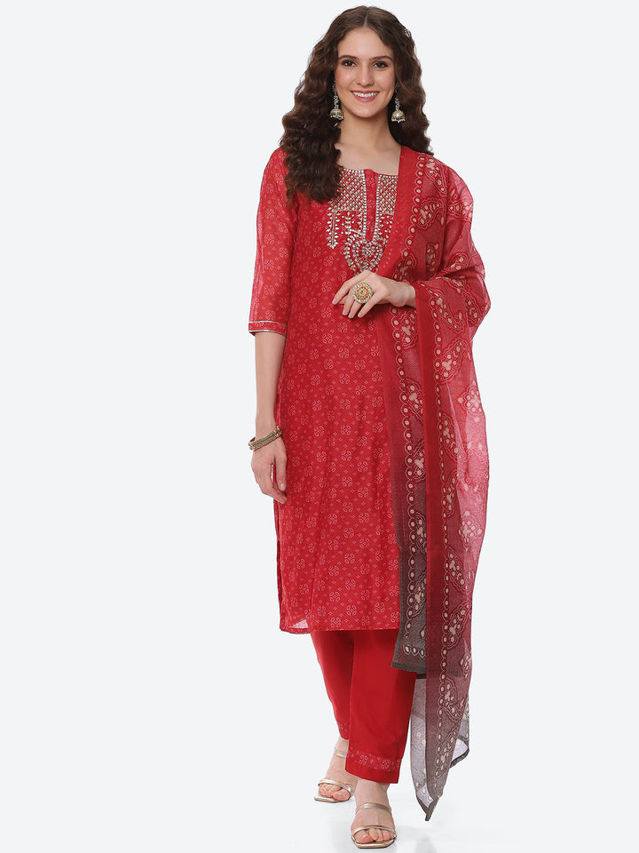 Gota Neck Booti Chanderi Kurta With Pant &amp; Dupatta