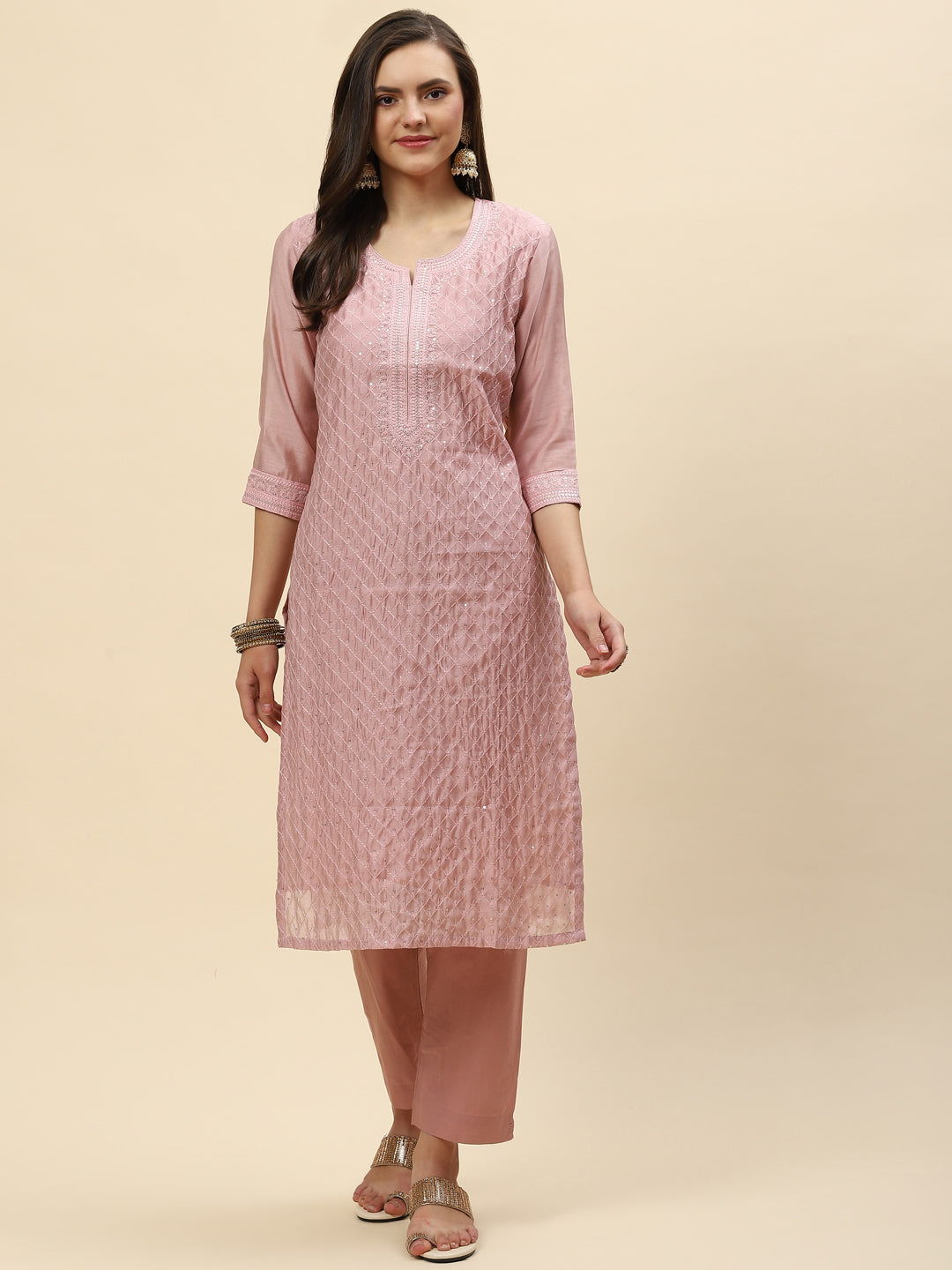 Sequin Embroidered Chanderi Kurta With Pants