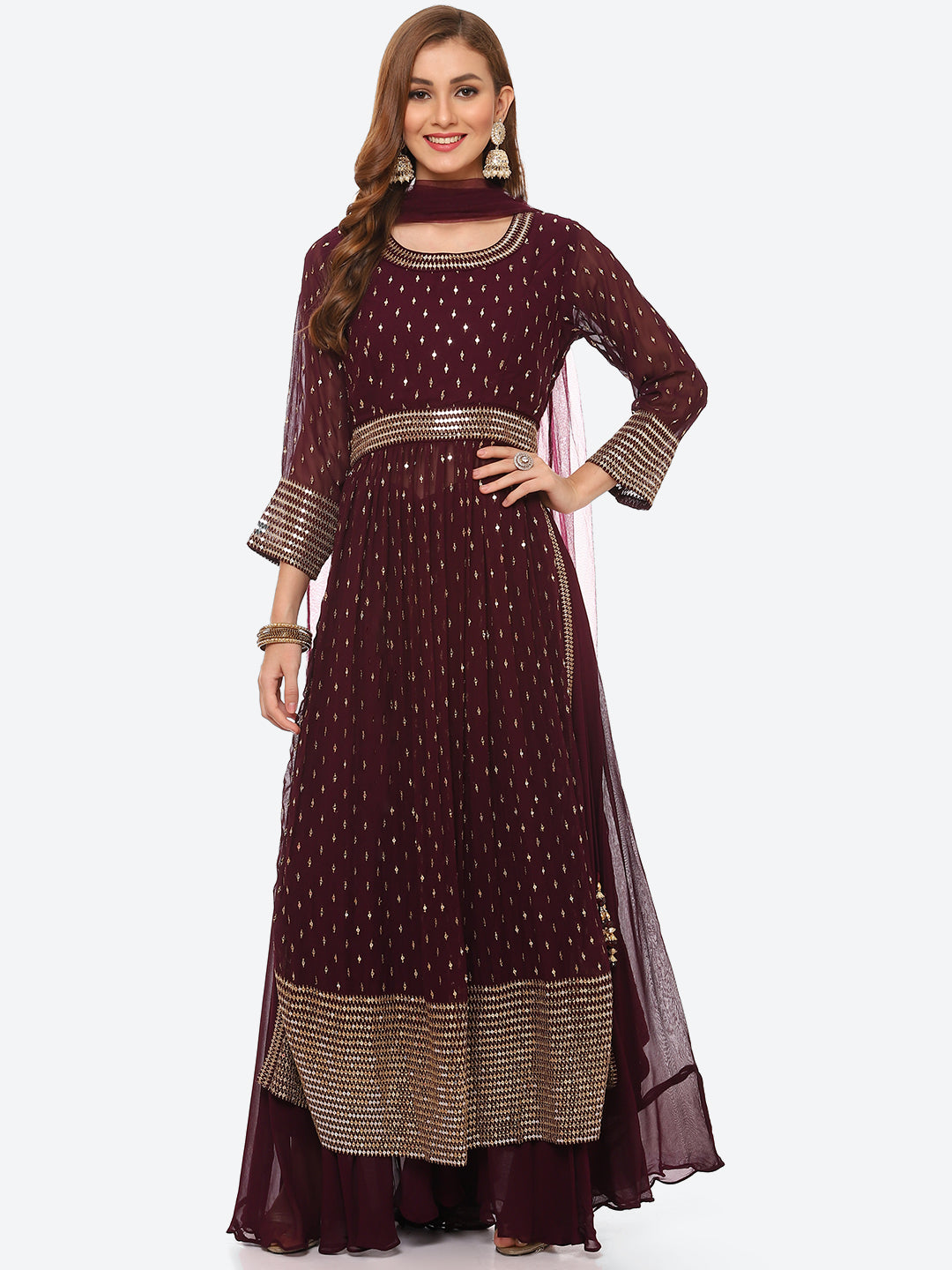 Sequin Work Georgette Kurta With Palazzo &amp; Net Dupatta