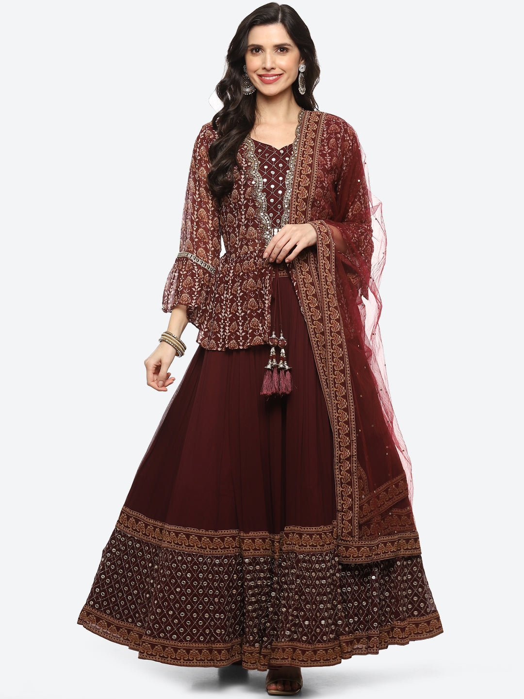 Resham Embroidered Georgette Choli Jacket With Lehenga &amp; Dupatta